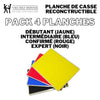 Package complet de planches de casse reconstructibles et réutilisables du niveau débutant à expert en plastique dur et mousse légère de protection différente par niveaux de difficulté : couleur jaune, bleu, rouge et noir.