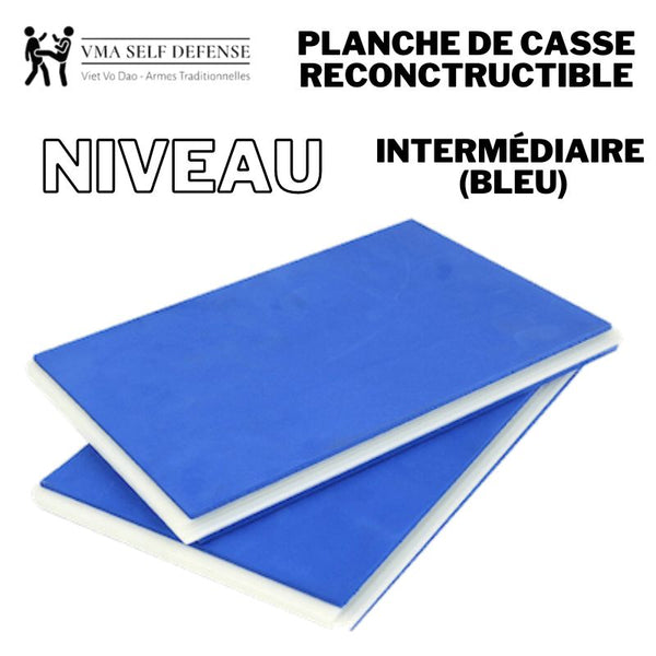 Planche de casse en plastique dur bleu pour un niveau intermédiaire dans la pratique des arts martiaux. Reconstructible et réutilisable.