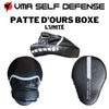 Patte d'ours de boxe incurvée noir et blanche de qualité pro avec fixation par scratch : Vue de face, de profil et de dos