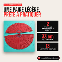 Double éventail taichi : Caractéristique 33 cm, avec pour chaque éventail 13 montants souple et un éventail pour la main droite et un autre pour la main gauche