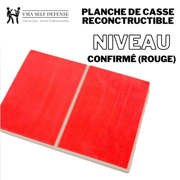 Planche de casse en plastique dur rouge pour un niveau confirmé dans la pratique des arts martiaux. Reconstructible et réutilisable.