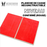Planche de casse en plastique dur rouge pour un niveau confirmé dans la pratique des arts martiaux. Reconstructible et réutilisable.